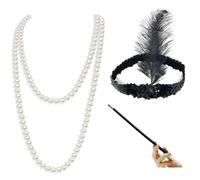 1920s Gatsby Fancy Dress Costume Accessory Set, Pearl Necklace, Flapper Feather Headband, Cigarette Holder