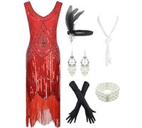 1920s Gatsby Sequin Fringed Paisley Flapper Dress with 20s Accessories Set (2. - red - XX-Large