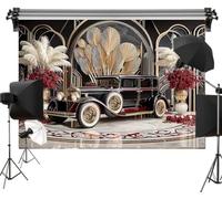 1920s Gatsby Style Polyester Backdrop for Photography, Vintage Car and Art Deco Gold Decor, Roaring Twenties Retro Party Background 7x5ft