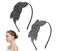 1920s Headbands 2pcs Vintage Rhinestone Beaded Leaf Flapper Headpiece Set Roaring 20's Gatsby Fascinator Costume Prom Party Retro Hair Fashion Accessories (Black, Silver)