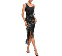 1920s Knee Length Flapper Party Dress Tassels Hem Sequined Cocktail Dresses with 20s Accessories Costume Set Cutout Dress Prom Dresses Long Style Black