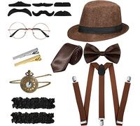 1920s Men Costume Accessories Set Roaring Retro Gangster Costume, Hat, Bow Tie, Pocket Watch, Suspender, Glasses, Beard, Armband Garters, Tie Clips (Brown, Simple Style)