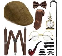1920s Men's Accessories, 16PCS 1920 Fancy Dress for Men, Fedora Hat, Pocket Watch, Bow Tie, Beard Set, Suspenders, Glasses, Roaring Retro Gangster Costume,1920s Men’s Costumes for Theme Parties