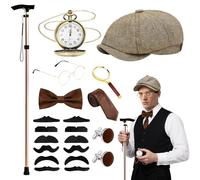 1920s Mens Costume Accessories Set, Vintage Gentleman Gatsby Gangster Fancy Dress with Adjustable Metal Folding Cane Pocket Watch Bow Tie Glasses Cuffs Beard Magnifier for Roaring 20s Themed Party