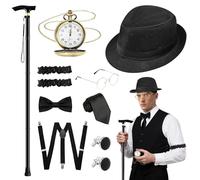 1920s Mens Costume Accessories Set, Vintage Gentleman Gatsby Gangster Fancy Dress with Adjustable Metal Folding Cane Pocket Watch Pre-tied Bow Tie Glasses Suspender for Roaring 20s Themed Party