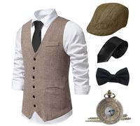 1920s Men's Costume Set, Gatsby Fancy Dress Accessories with Vest Necktie Hat Pocket Watch Bow Tie, Retro Adults Gangster Costume Kit, Roaring 20s Costumes Outfit for Men Brown