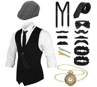 1920s Mens Gangster Vest Costume Accessories Set Halloween Cosplay Party Vintage Hat Pocket Watch Tied Bowtie Accessories(Medium)