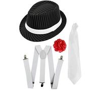 1920s mob gangster fancy accessory set. black pinstripe trilby hat + white braces + white tie. mob gangster al capone great gatsby 1920s accessories. hat colour: black | size: one size