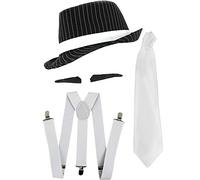 1920s Mob Gangster Fancy Dress Accessory Set. Black Pinstripe Trilby Hat + White Braces + White Tie + Spiv Tash. Hat Colour: Black | Size: One Size