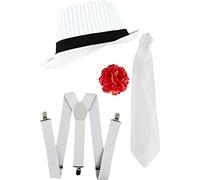 1920s mob gangster fancy dress accessory set. white pinstripe trilby hat + braces + tie. mob gangster al capone great gatsby 1920s accessories. hat colour: white | size: one size