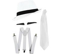 1920S MOB GANGSTER FANCY DRESS ACCESSORY SET. WHITE PINSTRIPE TRILBY HAT + BRACES + TIE + SPIV TASH. MOB GANGSTER AL CAPONE GREAT GATSBY 1920S ACCESSORIES. HAT COLOUR: WHITE | SIZE: ONE SIZE