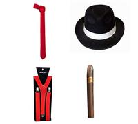 1920's Mob Hat Gangster Fancy Dress Set White, Red, Black With Trilby Hat , Tie, Suspenders and Fake Cigar (LS Glamour Room) (Red Set)