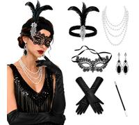1920s Vintage flapper accessories 6Pcs Set Gatsby Masquerade Outfit | Faux pearl and lace flapper girl accessories. Universal size. Ideal for parties to elevate retro outfits.