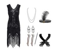 1920s Women's Dresses with Sequins and Fringes Flapper Dress Glitter Wedding Gatsby Dress 20s Charleston Evening Dresses with 20s Dress Accessories New Year's Eve Dress, black, 5XL