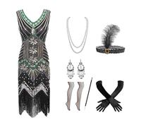 1920s Women's Dresses with Sequins and Fringes Flapper Dress Glitter Wedding Gatsby Dress 20s Charleston Evening Dresses with 20s Dress Accessories New Year's Eve Dress, dark green, 5XL