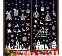 193 Pcs Christmas Window Clings - White Xmas Reusable Double-Sided Stickers for Glass Decals - Large Snowflake, Reindeer, Tree Scene Decorations