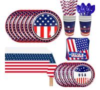 193pcs Patriotic Party Supplies, 24 Guests American Flag Tableware Set, 4th of July Plates Napkins Tablecloth Banner Independence Veterans Memorial Red White Blue Party Decorations