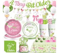 193Pcs Yingoto Tiny Bit Older Birthday Decorations Tableware Set, Serves 25 | No assembly plates & napkins set, cake topper, balloons, banner, for pink green martini a tiny bit older women birthday party