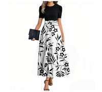 1940S Fancy Dresses Cotton Sundress Holidy Clothes Swing Floral Printed Crew Neck Tiered Patchwork Short Sleeve Maxi Dress for Weddings,Holidays Flowy Cocktail (White, XL)