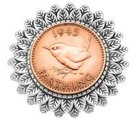 1945 British Farthing Coin Broach, 80th Birthday Gift for Mum or Grandma, Vintage Jewellery