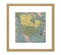 1945 Ernest Dudley Chase Pictorial Map North America 8X8 Inch Square Wooden Framed Wall Art Print Picture with Mount Artery8 Light Oak One Size