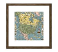 1945 Ernest Dudley Chase Pictorial Map North America 8X8 Inch Square Wooden Framed Wall Art Print Picture with Mount Artery8 Brown One Size