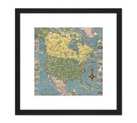 1945 Ernest Dudley Chase Pictorial Map North America 8X8 Inch Square Wooden Framed Wall Art Print Picture with Mount Artery8 Black One Size