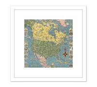 1945 Ernest Dudley Chase Pictorial Map North America 8X8 Inch Square Wooden Framed Wall Art Print Picture with Mount Artery8 White One Size