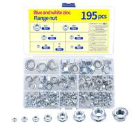 195 Pcs Flanged Nuts, Hex Flange Nuts Set | Serrated Flange Hex Nutss, Blue-white Zinc Lock Nutss, for Furniture Construction, M3 M4 M5 M6 M8 M10 M12