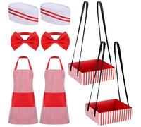 1950s Adult Halloween Waiter Costume Set with Apron Hat Bow Tie Tray | Red & White Striped | Soda Jerk Movie Night Hot Dog Vendor Costume for Men Women Cosplay Carnival Circus Party