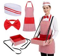 1950s Adult Halloween Waiter Costume Set with Apron Hat Bow Tie Tray | Red & White Striped | Soda Jerk Movie Night Hot Dog Vendor Costume for Men Women Cosplay Carnival Circus Party