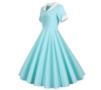 1950s Audrey Hepburn Dress for Women Short Sleeve Formal Dress Square Neck Maxi with Cape Cloak Polka Dots Print Cocktail Dresses Button Down Knot Medieval Renaissance Light Blue XXL