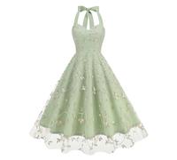 1950s Audrey Hepburn Dress Women,Ladies Hang-Neck Sleeveless Floral Print Dress Embroidery Mesh Elegant Vintage Dress A Line Swing Cocktail Party Dress Rockabilly Swing Flowy Pleated Dance Gown S-XXL