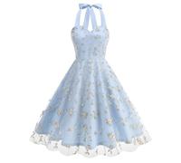 1950s Audrey Hepburn Dress Women,Ladies Hang-Neck Sleeveless Floral Print Dress Embroidery Mesh Elegant Vintage Dress A Line Swing Cocktail Party Dress Rockabilly Swing Flowy Pleated Dance Gown S-XXL