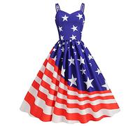 1950s Dresses for Women Independence Day Female Summer Sexy Suspender American Flag Print Vintage Large Swing Dress Retro Cocktail Swing Clearance Blue