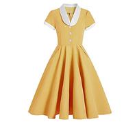 1950s Dresses for Women Plus Size Vintage Classy 50s Style Audrey Hepburn Short Sleeve Peter Pan Collar Rockabilly Retro Swing A Line Midi Summer Dress Skater Cocktail Party Prom Gown Yellow+White 2XL