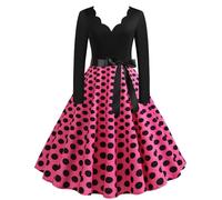 1950S Dresses for Women UK Ladies Fancy Dress Vintage 50S Retro Polka Dot Swing Dress Long Sleeves V Neck Cocktail Dress Rockabilly Party Evening Wedding Dress Hot Pink