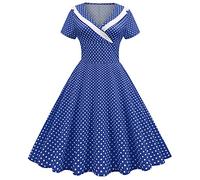 1950s Dresses for Women UK Vintage Elegant 1940s 50s Style Audrey Hepburn Rockabilly Short Sleeve Polka Dots A Line Swing Midi Skater Tea Dress Cocktail Party Evening Prom Gown Plus Size D#Blue XXL