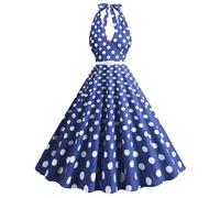 1950s Dresses for Women Vintage Elegant Halterneck Sleeveless 50s Retro Hepburn Style Polka Dot Print Knee Length Cocktail Party Dress,Blue,L,u1664k