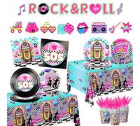 1950s Party Decorations,143Pcs 50's Theme Party Decorations Rocking Music Party Tableware Set 50's Rock and Roll Plates Napkins Hip Hop Tablecloth for 50s Diner Party Anniversary Disposable Supplies