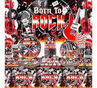 1950's Rock and Roll Music Party Supplies, Born to Rock Backdrop Banner, Plate, Napkins, Cake Toppers, Tablecloths, Balloons, for 50's Theme Rock Star Music Birthday Party Decorations