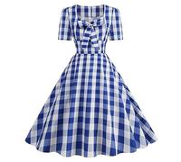 1950s Rockabilly Dresses for Women Retro Sweetheart Neck Short Sleeve Flowy Gingham Dress with Front Bow Women's 50s 60s A Line Party Cocktail Tea Dresses Vintage Style S-XXL