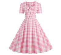 1950s Rockabilly Dresses for Women Retro Sweetheart Neck Short Sleeve Flowy Gingham Dress with Front Bow Women's 50s 60s A Line Party Cocktail Tea Dresses Vintage Style S-XXL