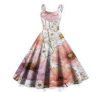 1950s Style Vintage Floral Swing Dress for Women Spaghetti Strap A Line Midi Summer Sleeveless Retro Pink L