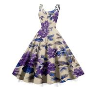 1950s Style Vintage Floral Swing Dress for Women Spaghetti Strap A Line Midi Summer Sleeveless Retro Dark Purple L