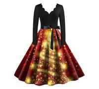 1950s Vintage A Line Dress - Retro Long Sleeve Flared Swing High Waist Tunic With Belt - Pleated Midi Cocktail Wedding Guest Party Santa Dress