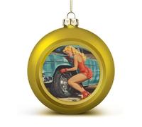 1950s Vintage Pin-up Fixing Flat Tire Christmas Ball Ornaments Funny Christmas Tree Decorations Red And Gold for Holiday Party Decor