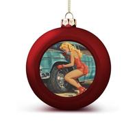 1950s Vintage Pin-up Fixing Flat Tire Christmas Ball Ornaments Funny Christmas Tree Decorations Red And Gold for Holiday Party Decor