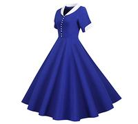 1950s Vintage Rockabilly Retro Plus Size Short Sleeve A-Line Cocktail Dress - Slim Fit Audrey Hepburn Style Solid Color Button Lapel V-Neck Evening Gown - Blue