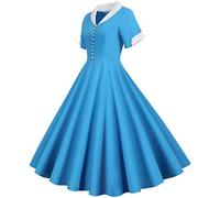 1950s Vintage Rockabilly Retro Plus Size Short Sleeve A-Line Cocktail Dress - Slim Fit Audrey Hepburn Style Solid Color Button Lapel V-Neck Evening Gown - Sky Blue